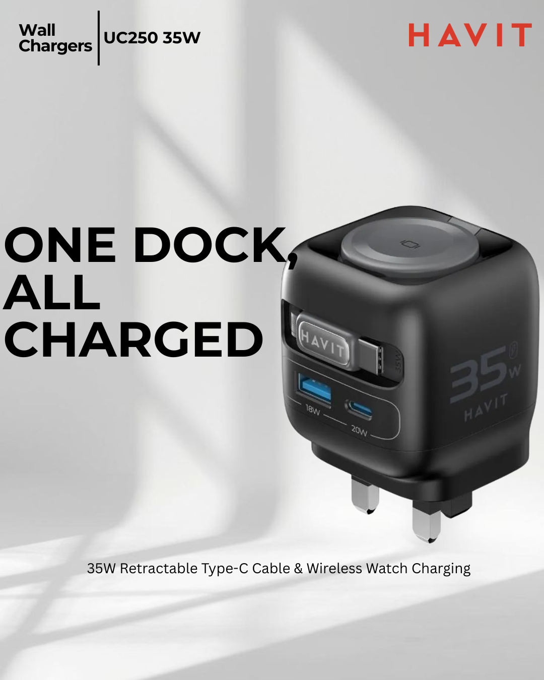 HAVIT All-in-One 35W GAN Charger with Retractable Cable – UC250 image 3
