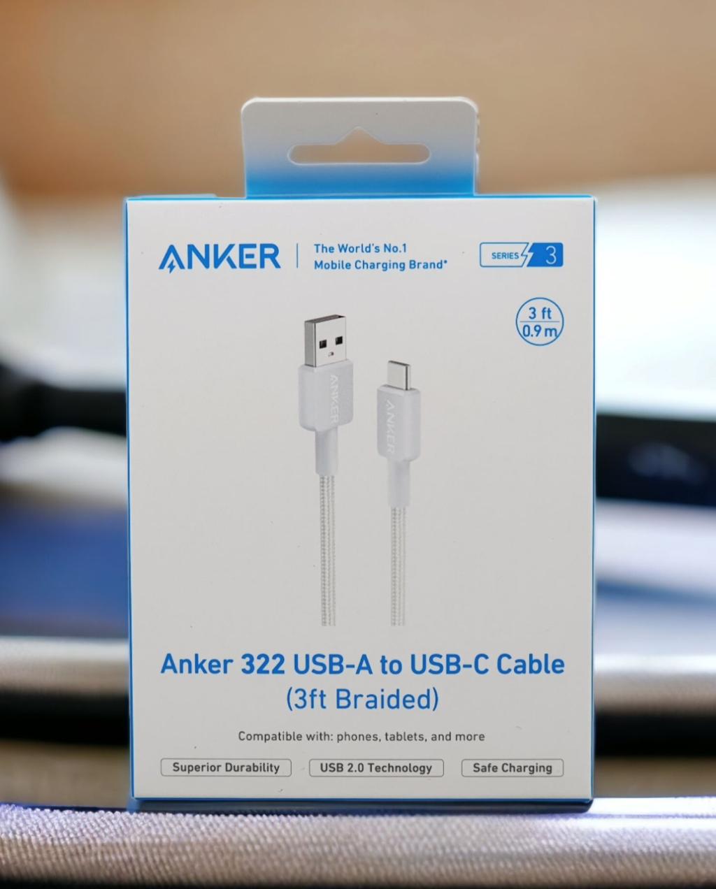 Anker 322 USB-A to USB-C Cable 3FT Braided — White
